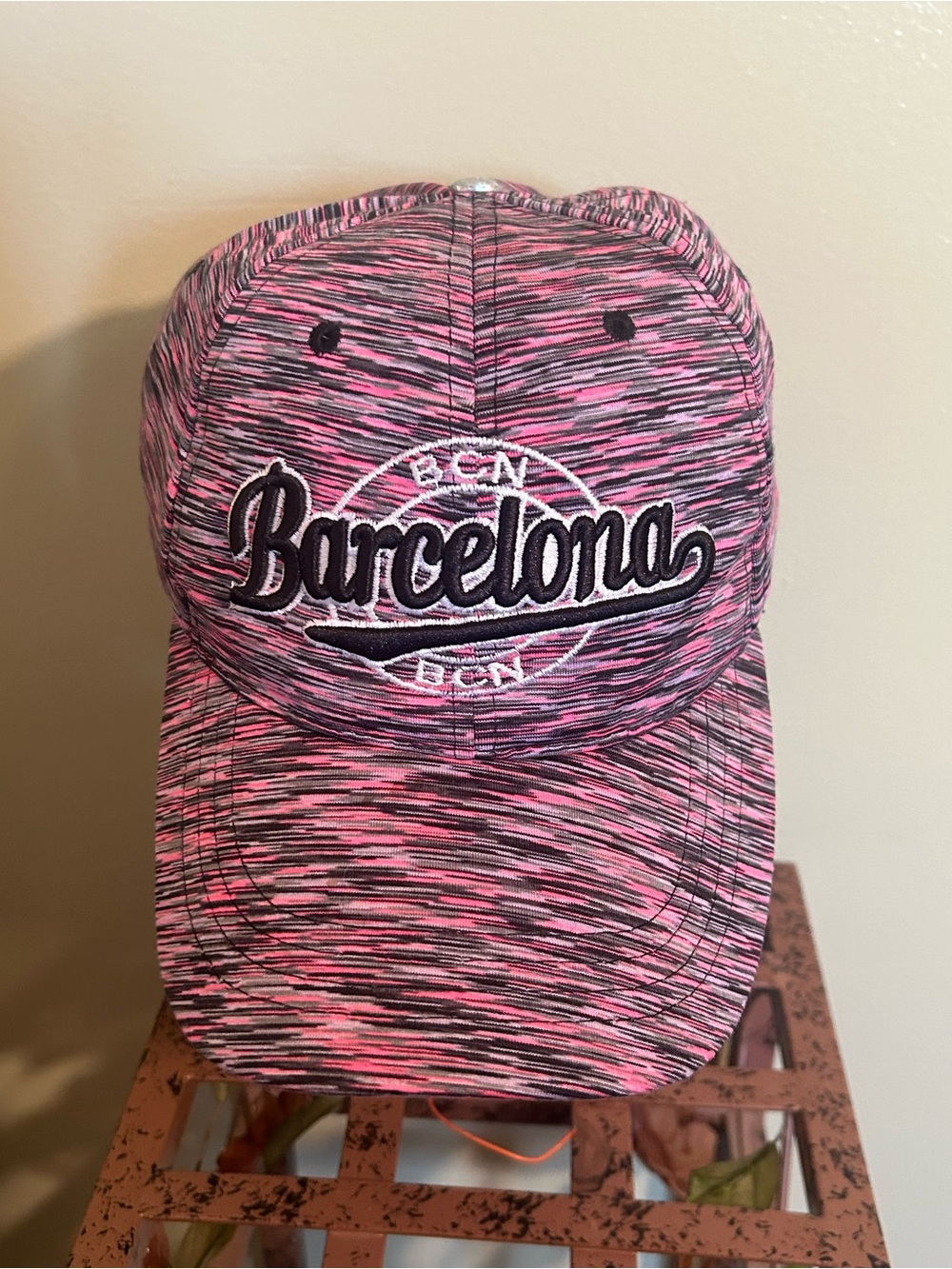 Barcelona BCN Women’s Baseball Cap Hat Pink Black Heathered Jersey Knit Souvenir